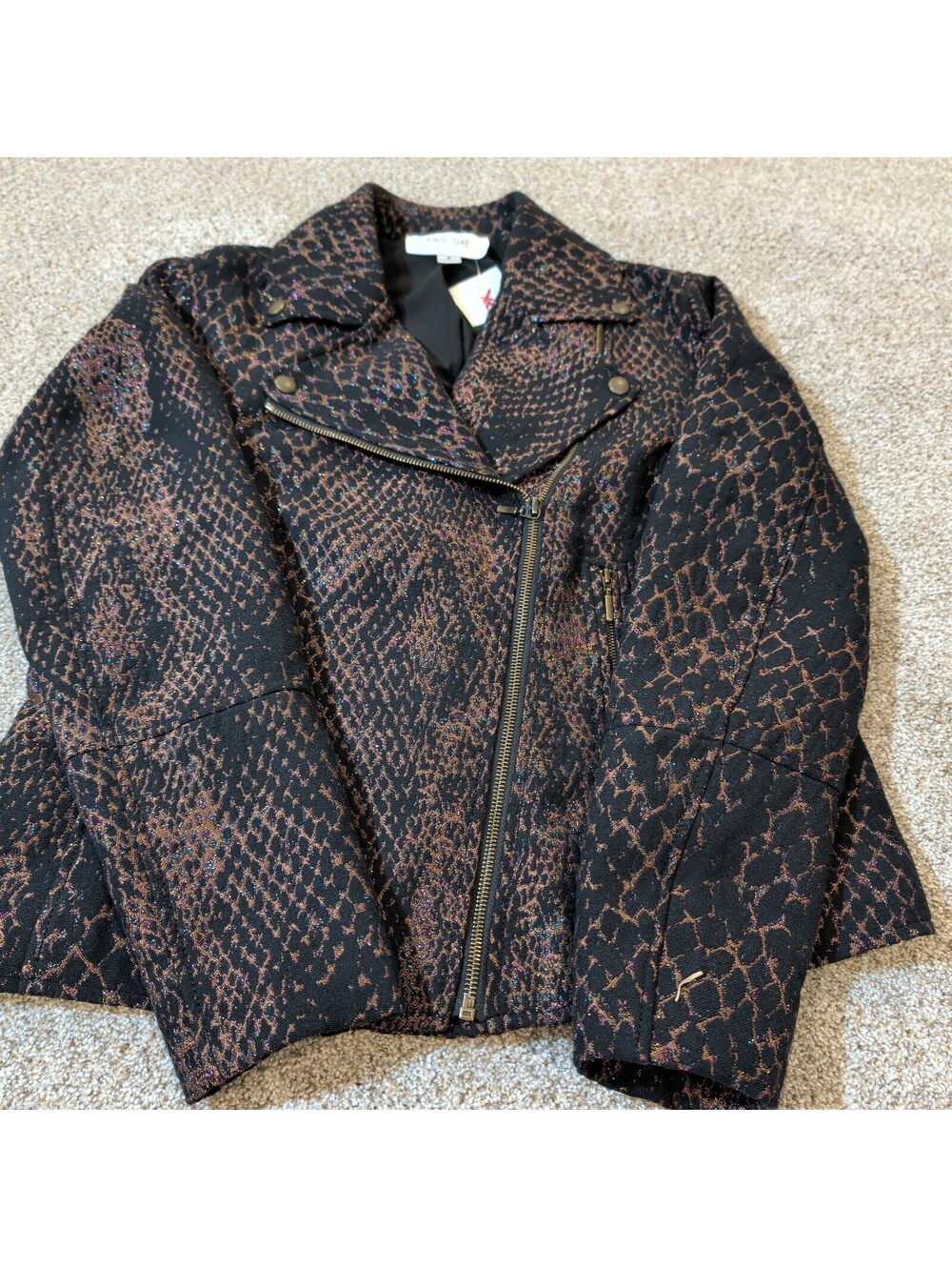 Per Se by Carlisle Women's Metallic Snake Print Moto Jacket Size 8